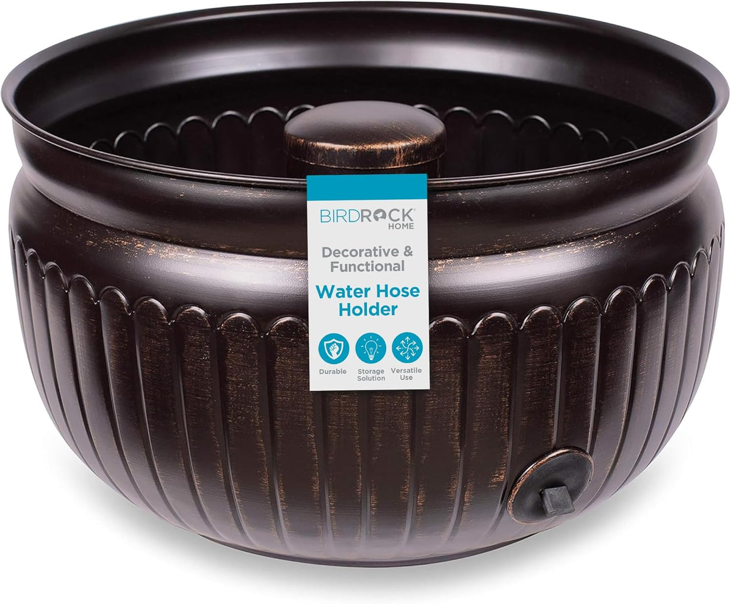 BIRDROCK HOME Water Hose Holder - Decorative Metal Pot, Indoor or Outdoor, Garden Storage Organizer, Patio Portable Bucket - Distressed Bronze, Holds up to 100ft Hoses, Medium No Lid