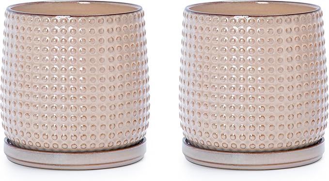 D'vine Dev Set of 2 Ceramic Plants Pots, 6 Inch Beaded Stoneware Flower Pot for Plants with Drainage Hole and Saucer, Light Brown, 27-E-X-4