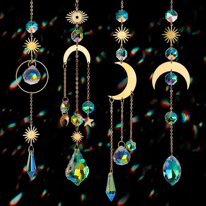 Crystal Suncatcher, 4pcs Sun Catchers Indoor Window Hanging Crystals for Windows Prism Rainbow Makers for Ceiling Garden Porch Decor Christmas Decorations Home Party Wedding Ornaments