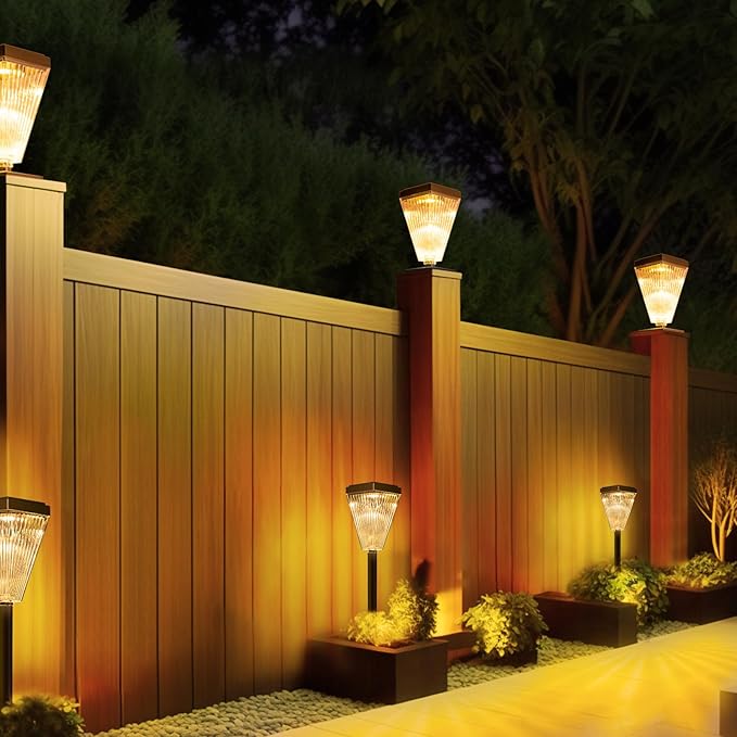 Outdoor Solar Post Caps Lights-4 Pack Waterproof Solar Fence Post Solar Powered Deck Post Lights,High Brightness Warm White Led Post Lights fits 4x4, 5x5,6x6 Wooden Post