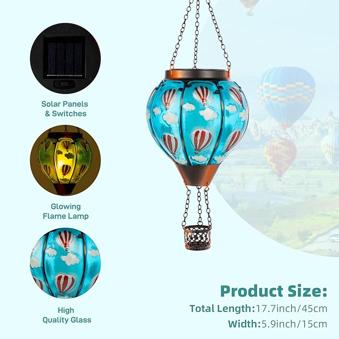 Solar Hot Air Balloon Lantern Flickering Flame, Sky Blue Glass Hot Air Balloon Solar Lantern Outdoor Waterproof, Decorative Hanging Hot Air Balloon Solar Light for Outside Garden Patio Yard