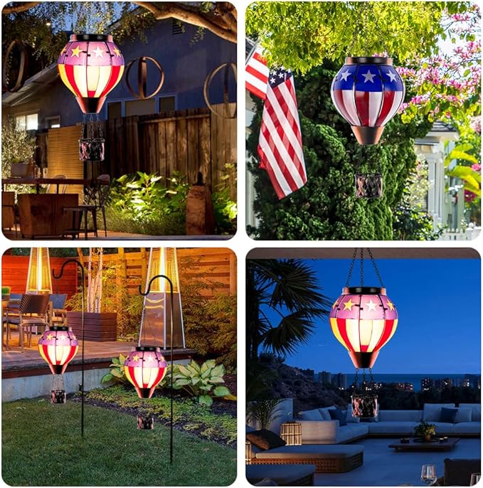Hot Air Balloon Outdoor Lantern with Flickering Flame, Handmade Glass Solar Lantern with Flag Pattern Waterproof Lantern Lamp for Patio, Garden, Porch