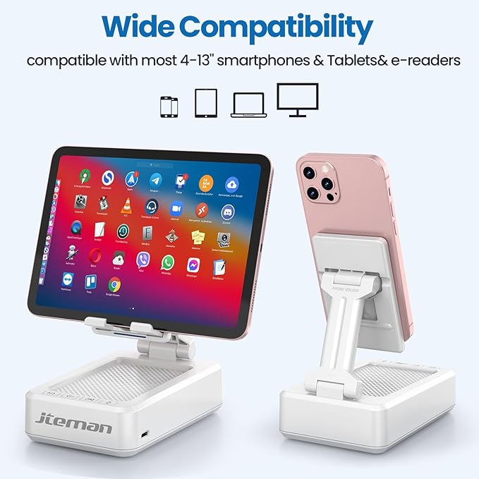 JTEMAN Portable Phone Stand with Speaker Bluetooth Wireless,Gifts for Men Women,Birthday for Women,Kitchen Gadgets for Men,Phone Holder for Desk - White