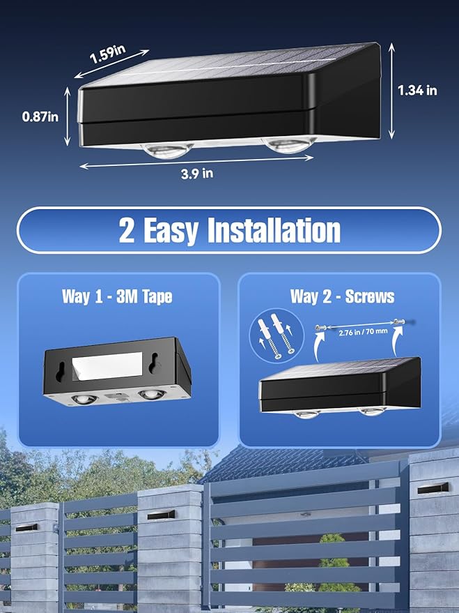 Fence Lights Solar Powered 2 Pack, RGB Fence Solar Lights Outdoor Waterproof Led, 12 Modes Color Changing Outside Lightings Decor for Wall Railing Patio Deck Backyard Garden Pool