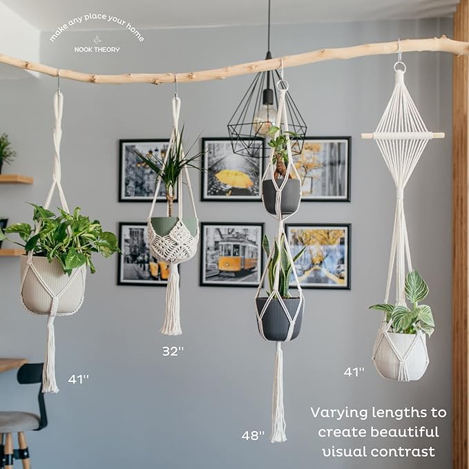 Nook Theory 4-Pack Macrame Plant Hanger - with 8 Ceiling Hooks - Hanging Planter Indoor Outdoor - Hanging Plant Holder - Decorative Bohemian Plant Hangers - Hanging Plants (Light Gray)