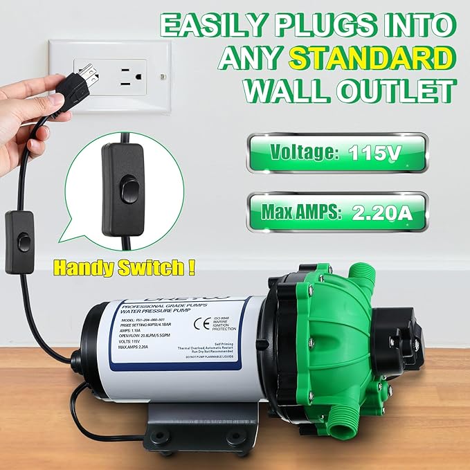 Dreyoo Water Diaphragm Pump, 115V AC, 5.5 GPM, 60 PSI Rated Pressure, 1/2" Threaded MNPT Self Priming Diaphragm Pressure Pump with Pressure Switch for Home, RV, Garden Agricultural Irrigation (Green)