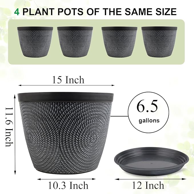 Quarut 4 Pack 15 Inch Large Planter Pot for Plants Outdoor Indoor, Plastic Flower Pots with Drainage Hole & Saucer, Modern Decorative Medium Large Plant Garden Pot, Plant Container for House (Gray)