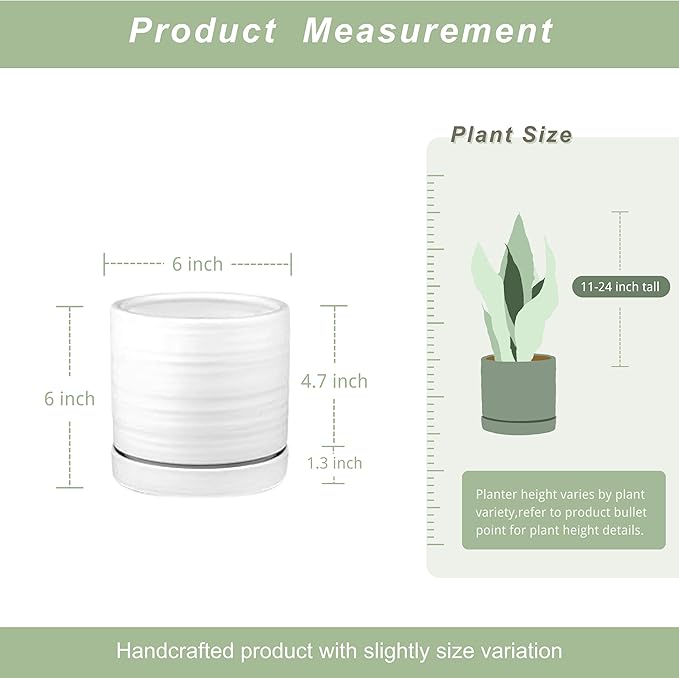 6 Inch Plant Pots, Ceramic Planter Pot with Drainage Hole & Saucer, Indoor/Outdoor Cylinder Round Planter Pot, Matte White