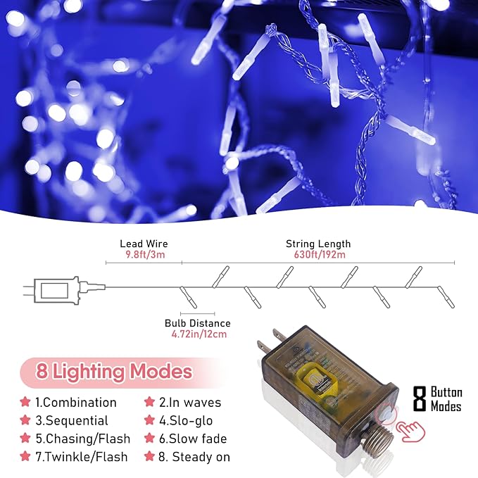 Heceltt 1600 LED 630 FT String Lights Outdoor, 8 Modes Christmas Lights Plug in, IP44 Waterproof Led String Lights with Timer and Memory for Christmas Holiday Wedding Decorations (Blue)