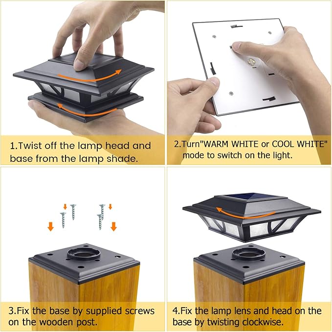 SIEDiNLAR Solar Post Lights Outdoor 2 Modes LED Deck Fence Cap Light for 4x4 5x5 6x6 Posts Patio Garden Decoration Warm White/Cool White Lighting Black (6 Pack)