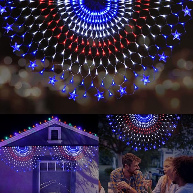 American Flag Lights, 243 LEDs Red White and Blue Lights Half Fan Flag Light, Waterproof US Flag Lights for Yard Garden, Festival, Holiday, 4th of July Independence Day Decorations