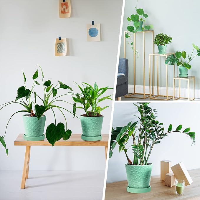 EFISPSS Flower Planter –5 inch Ceramic Plant Pots with Drainage Holes and Ceramic Tray - Gardening Home Desktop Office Windowsill Decoration Gift Set of 4 - Plants NOT Included