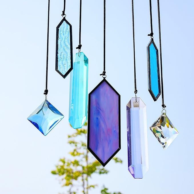HDCRYSTALGIFTS Set 7 Crystal Blue Dreams Sun Catchers Window Hanging Ornaments Stained Glass Suncatchers Kit for Window Indoor Home Garden Decor