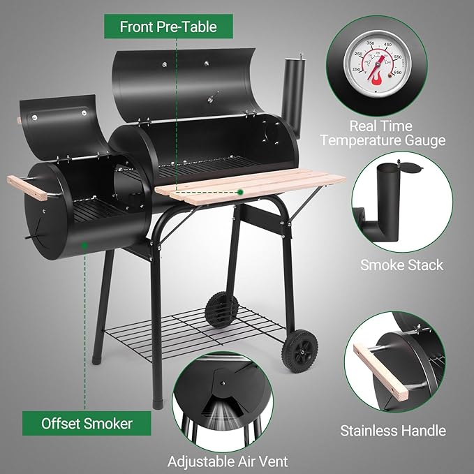 Outvita BBQ Charcoal Grill, Outdoor Patio Barbecue Cooker with Offset Smoker, Wheels and Tray for Balcony Picnics, Party and Camping