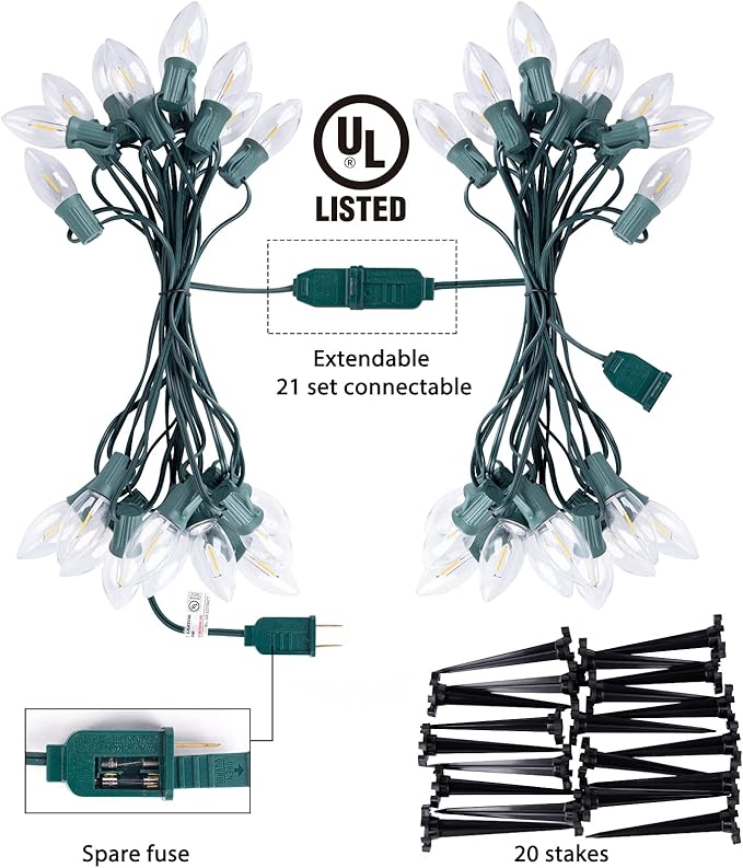 C9 Christmas String Lights Outdoor - 25.7 Feet 20 LED Pathway Lights, Connectable Waterproof Walkway Lights for Indoor Xmas Party Holiday Wedding Commercial Decorations, Warm White