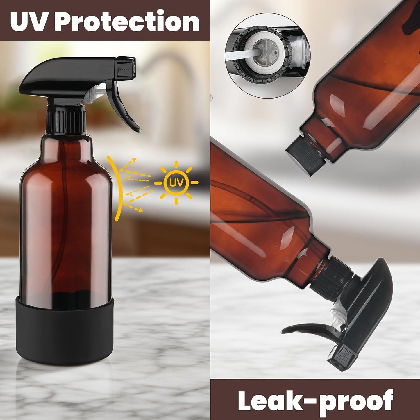 Glass Amber Spray Bottles with Silicone Sleeve, 2 Pack 16.9oz Refillable Containers with Adjustable Spray Nozzles, Empty Spray Bottle for Cleaning Solutions, Hair, Plants, Essential Oils (Black+Green)