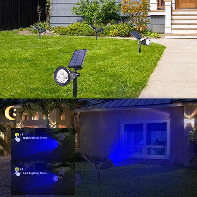 Solar Spotlights Outdoor Waterproof Adjustable Solar Garden Landscape Spot Light, 4 LEDs 2-in-1 Auto On/Off Solar Inground Lights for Patio Yard Garden Driveway Pathway (2 Pack, Blue)