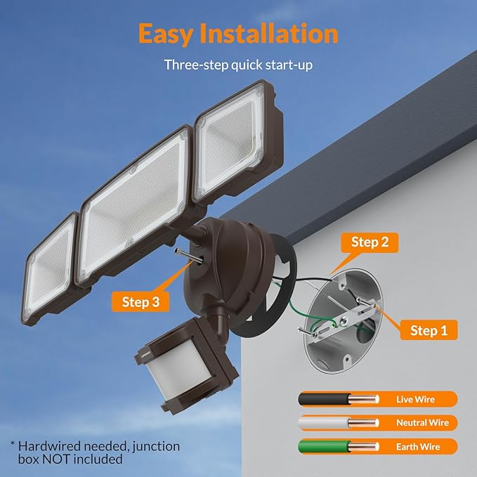 LEPOWER LED Security Light Motion Sensor Light Outdoor, 38W 4200LM Motion Security Light, 5500K, IP65 Waterproof, 3 Head Motion Detected Flood Light for Garage, Yard, Porch (Not Solar Powered, Brown)