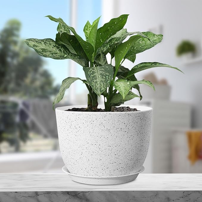 Plant Pots 12 inch, Plastic Planters with Drainage Holes and Saucers, Large Flower Pots for Indoor Outdoor Plants, Modern Decorative Pots for Garden House Plants, Speckled White