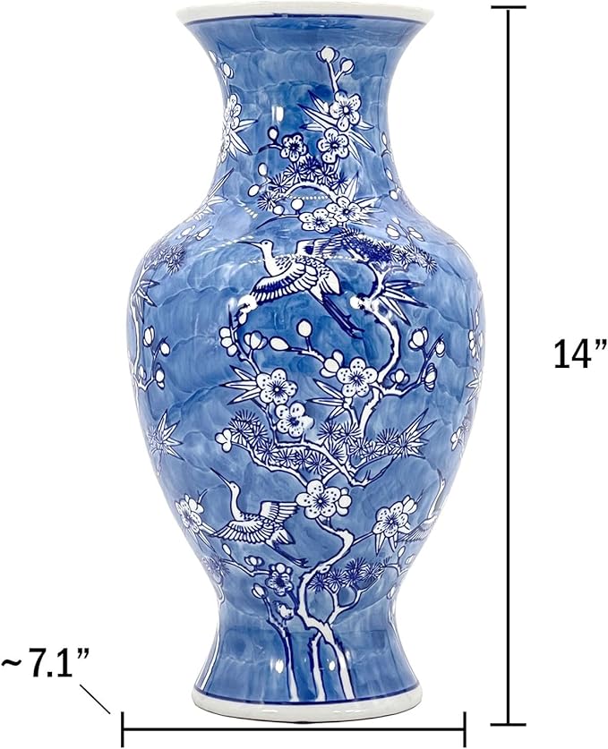 Galt International White & Blue Floral Crane Chinoiserie Ceramic Vase 14" - Hand Painted Antique Style Porcelain Bird & Flower Bottle Fishtail Porcelain Chinese Vase for Home Decor Centerpiece