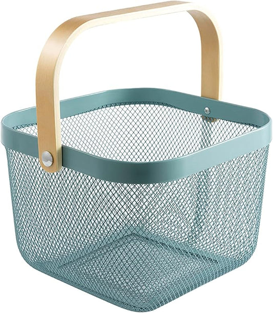 Metal Mesh Steel Basket, Storage Organizer Basket Multi-functional Hanging Kitchen Baskets Fruit Basket Bin with Bamboo Handle for Kitchen Bathroom Picnic Shopping Decor Cabinet Home, Blue