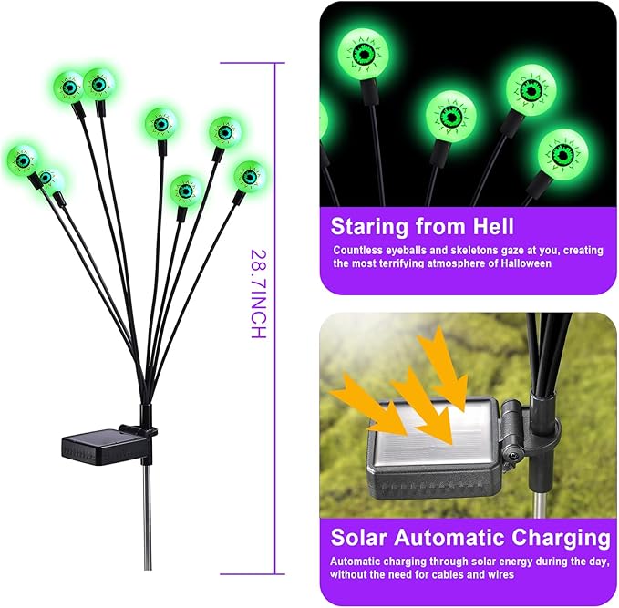 ASMAD Halloween Decorations Outdoor Solar Scary Eyeball Lights, 4Pack 32LEDs Green Eyeball Swaying Firefly Light, Waterproof Halloween Path Lights for Garden/Yard/Patio/Party Decor