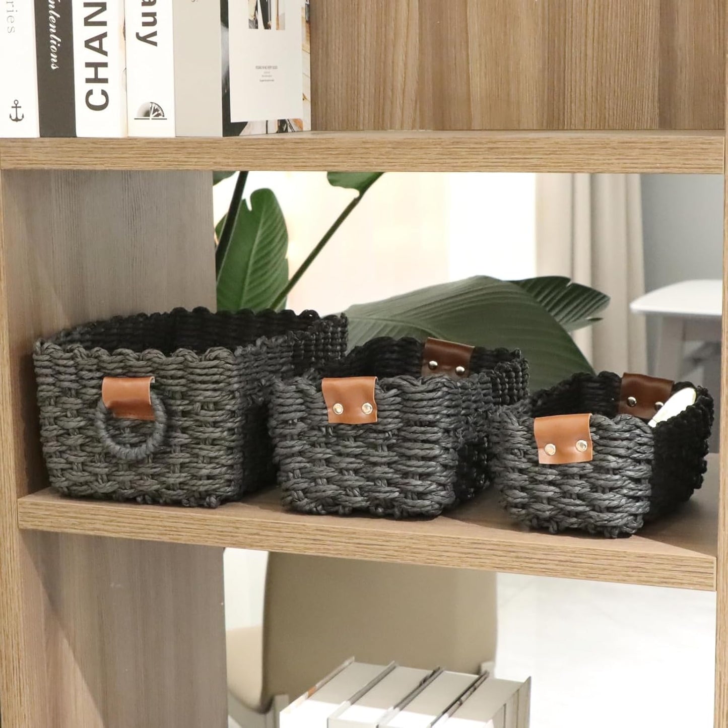 Paper rope Small Storage baskets for Organizing,Cute woven Little basket for Home，Shelves, Bathroom,Decorative basket,Set of 3 (Black)