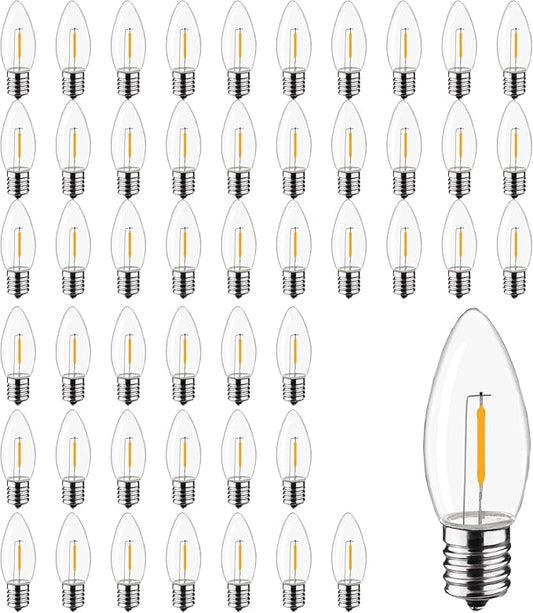 C9 Christmas Replacement LED Light Bulbs,E17 Base Commercial Grade Holiday Bulbs, 4W 5W 6W 7W Incandescent Equivalent, Warm White 2200K, Clear Plastic Bulbs for Christmas String Light - 50 Pack