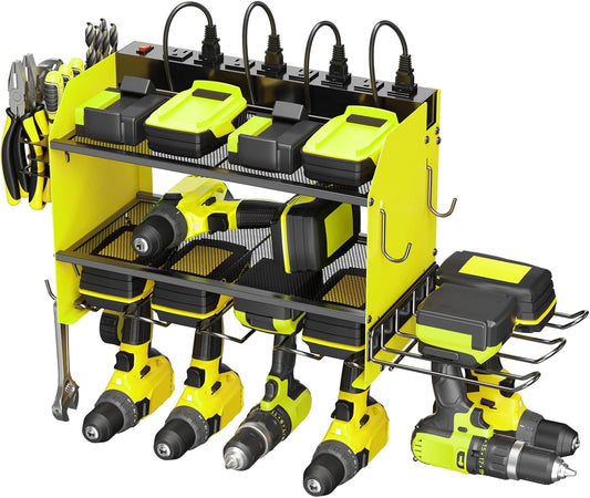 CCCEI Modular Power Tool Organizer Wall Mount Charging Station, Green 6 Drills Holder with 8 Plug Power Strip 6FT, Garage Drill Battery Heavy Duty Metal Shelf, Utility Rack with Hooks, Side Storage.