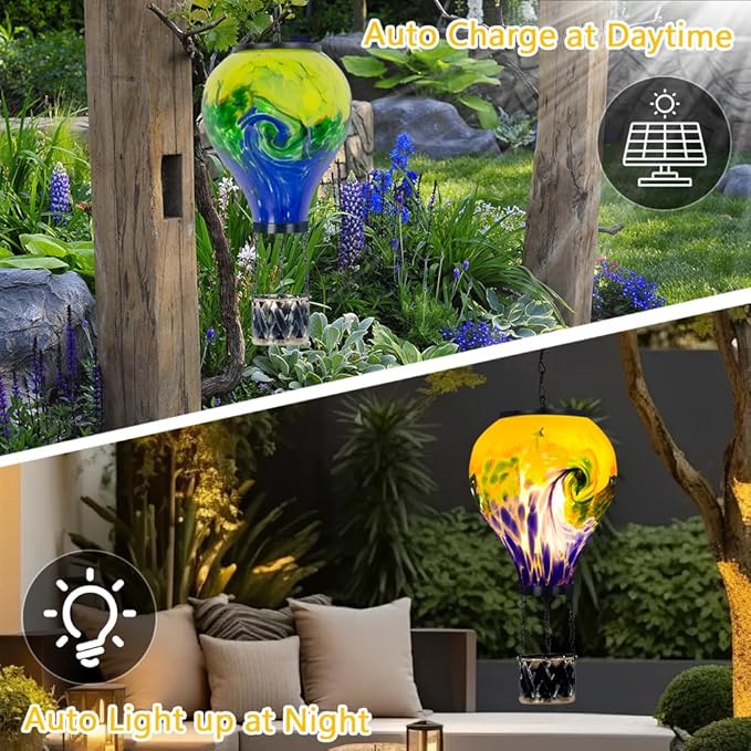 Tie-Dye Style Solar Hot Air Balloon Lantern with Flame, Glass Hot Air Balloon Solar Lantern Waterproof Outdoor Lanterns Decorative Lamp for Patio, Garden, Porch