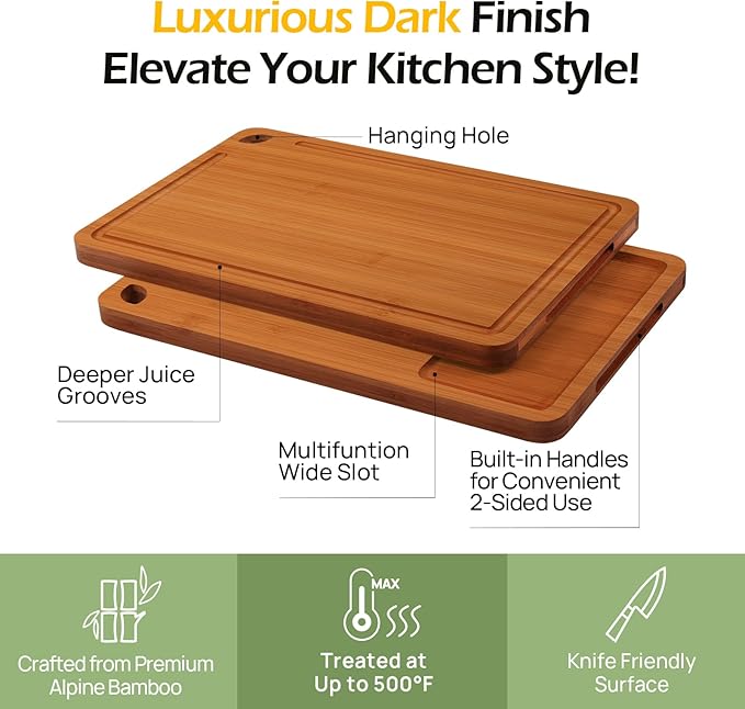 Bamboo Cutting Board, Durable Wood Cutting Boards for Kitchen with Deep Juice Grooves & Built-in Handles, Ideal Charcuterie & Chopping for Meat, Vegetables and Fruits Ideas Kitchen Gift for Home Cooks