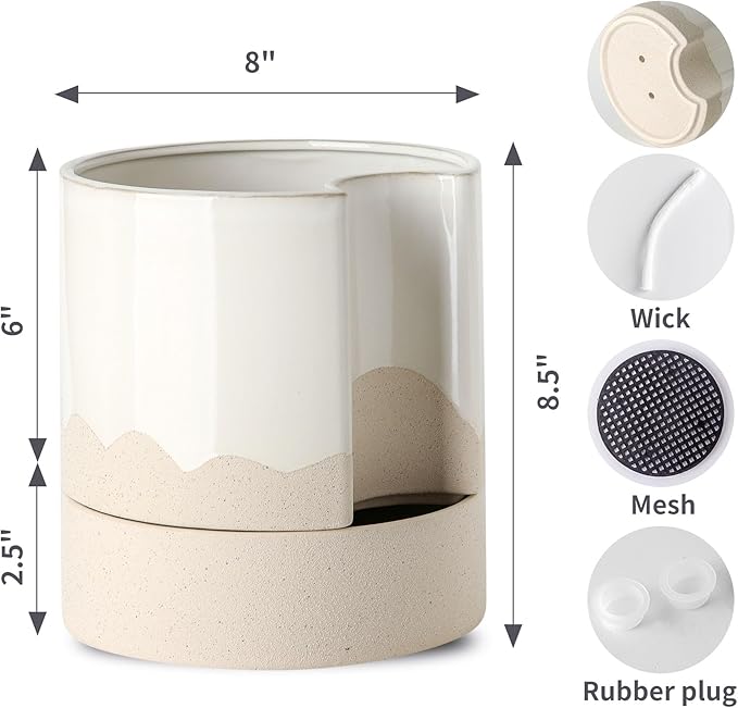 Nihow Self Watering Plant Pot: 8 Inch Ceramic Planter with Drainage Hole & Water Storage Plus for Indoor & Outdoor Plants - Cylinder Round Flower Pot for Succulent/Herbs/Violets - White & Wave Nature