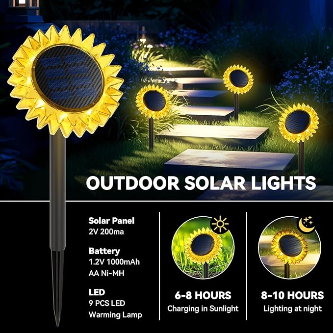 Outdoor Solar Lights, 4 Pack Led Solar Sunflower Lights, Stake/Wall 2-in-1 Waterproof Solar Garden Lights for Yard, Landscape, Fence, Patio, Driveway, Pathway, Backyard Decoration (Warm White)
