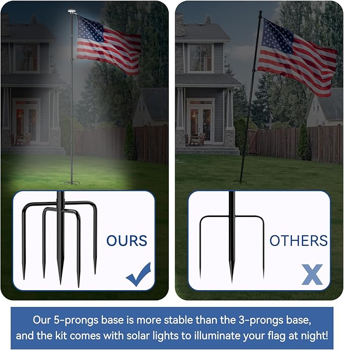 ZMTECH 10 FT Flag Pole in Ground with Solar Light, Heavy Duty Flag Pole Holder for Outside House with Solar Light and 5 Pronges Base, Flag Pole Kit for Outdoor Garden Decor(1 Pack,Without Flag)