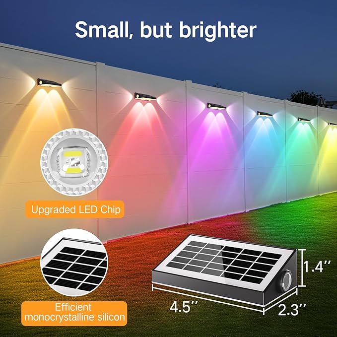 OUTON Solar Fence Lights Outdoor, 3-Side RGBCW Fence Light Solar Powered, 10 Modes Dusk to Dawn Auto ON/Off Deck Lights, IP65 Waterproof Outside Light for Garden Step Patio Backyard Wall, 6-Pack