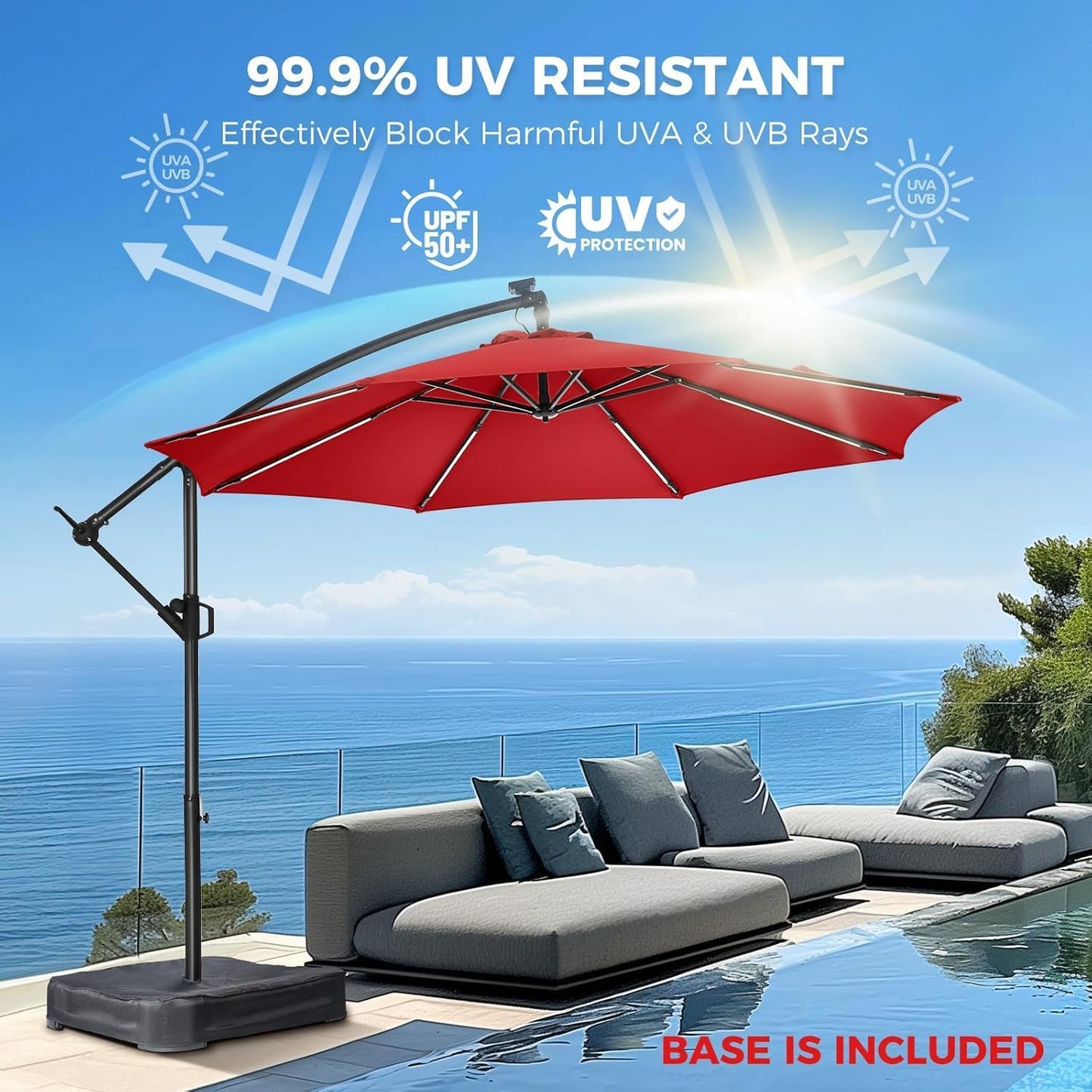 HOMSHADE 10ft Solar Lights Offset Cantilever Patio Umbrella with Light and Base, LED Lighted Offset Hanging Patio Outdoor Market Umbrella UPF50+ UV Protection with Easy Tilt and Crank, Red