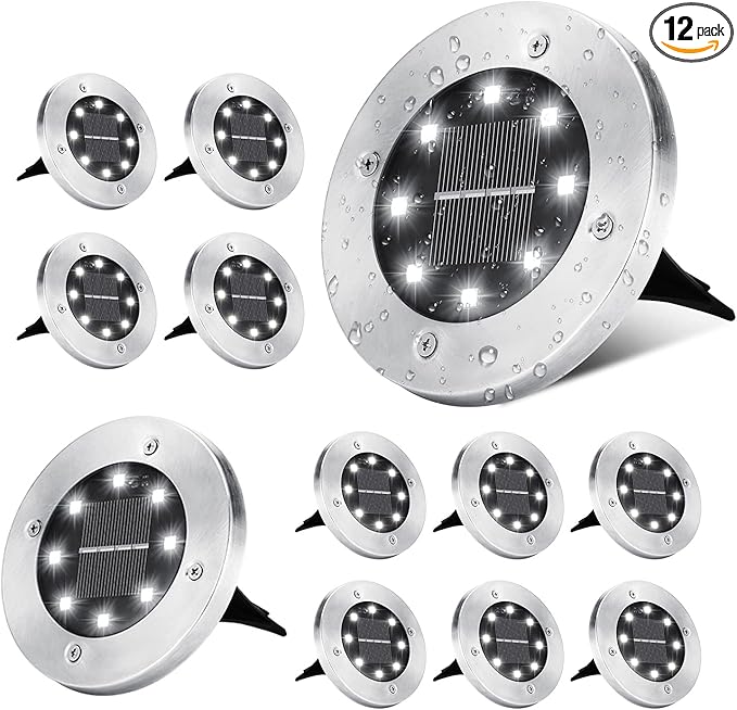 ODEETRONIC Solar Ground Lights, 12 Packs 8 LED Solar Disk Lights, Outdoor in-ground Light Waterproof, Round Solar-Powered Puck Light Flat Lamps for Landscape Pathway Yard Garden Walkway, Cool White