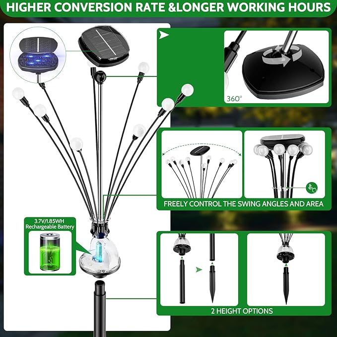 AOSEA 4 Pack Larger Bulbs Solar Garden Lights Outdoor, Solar Firefly Lights Fairy Swaying by Wind for Outside, IP67 Waterproof, for Patio Garden Yard Walkway Sidewalk, Black