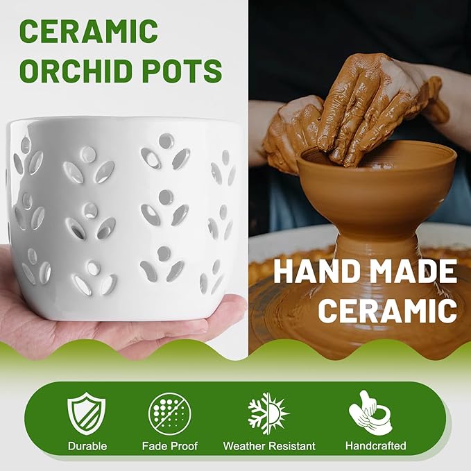 REMIAWY Orchid Pot, 2 Pack Orchid Pots with Drainage Holes and Saucer, 6 Inch and 5 Inch Large Ceramic Planter for Repotting Indoor Plants, Succulent, Decorative, Good Air Circulation, White