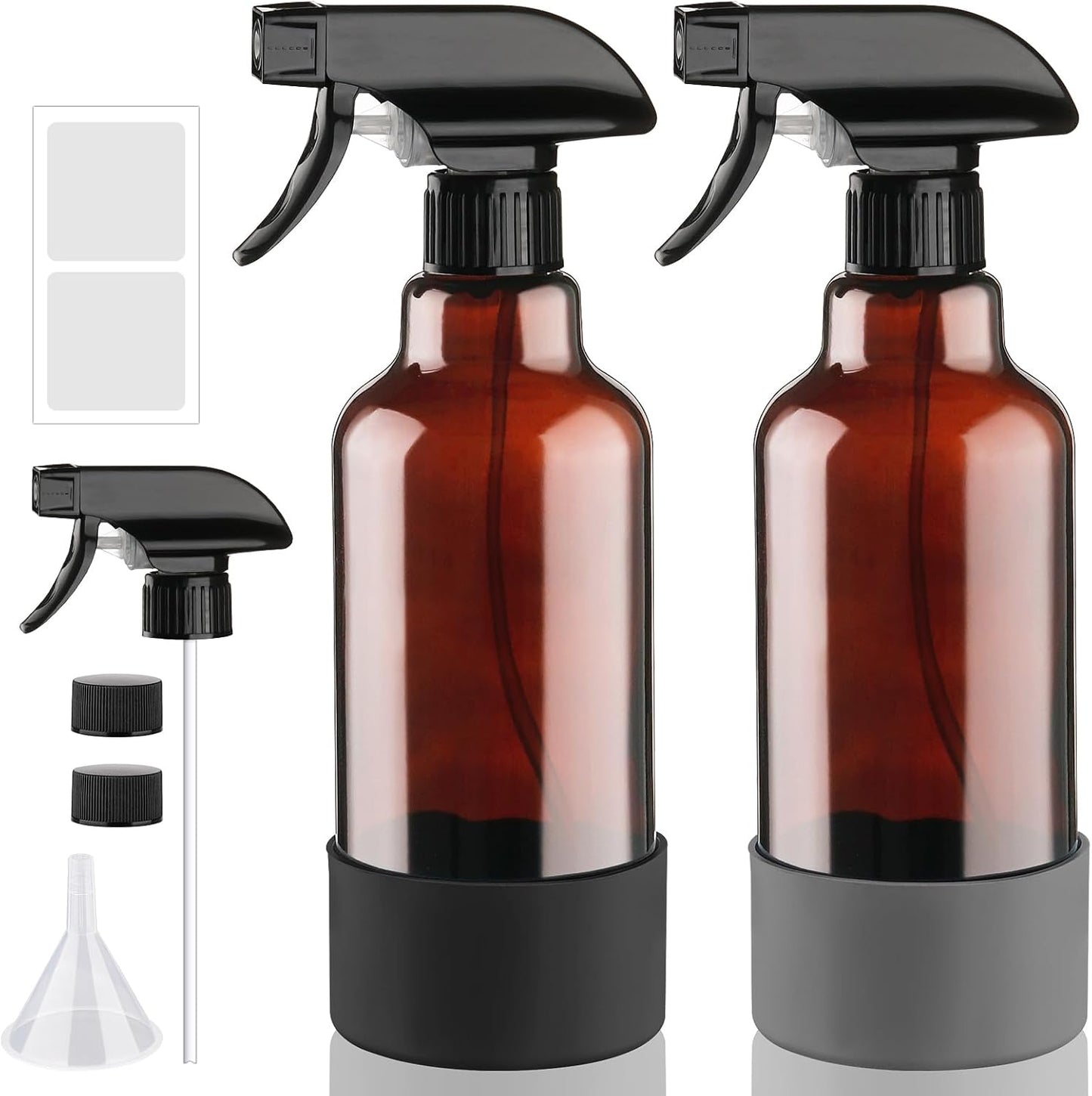 Glass Amber Spray Bottles with Silicone Sleeve, 2 Pack 16.9oz Refillable Containers with Adjustable Spray Nozzles, Empty Spray Bottle for Cleaning Solutions, Hair, Plants, Essential Oils (Black+Grey)