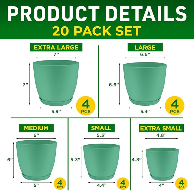 Planter Pots with Drainage Holes - Lightweight, Durable, & Space-Saving Pots for Indoor and Outdoor - Versatile Functionality, Simple Modern Design, Set of 20 Plastic Planter Pots Mint