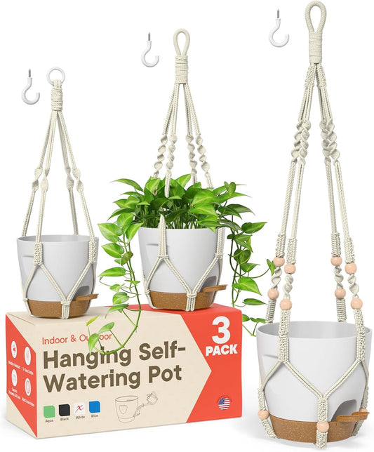 White Hanging Self Watering Pots with Macrame Ivory Rope, 3 Pack Indoor & Outdoor Hanging Plant Pots with Built-in Reservoir, Wick Rope, Drainage Holes & Hooks, Stylish Boho Decor Hanging Planter