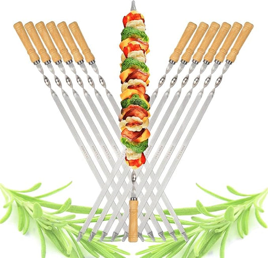 23.6" Large Size Kabob Skewers Flat Metal BBQ Barbecue Skewer Wooden Handle Stainless Steel Shish Kabob Stick Wide Reusable Grilling Set Meat Shrimp Chicken Vegetable Kebab Fork Sausage-12PCS