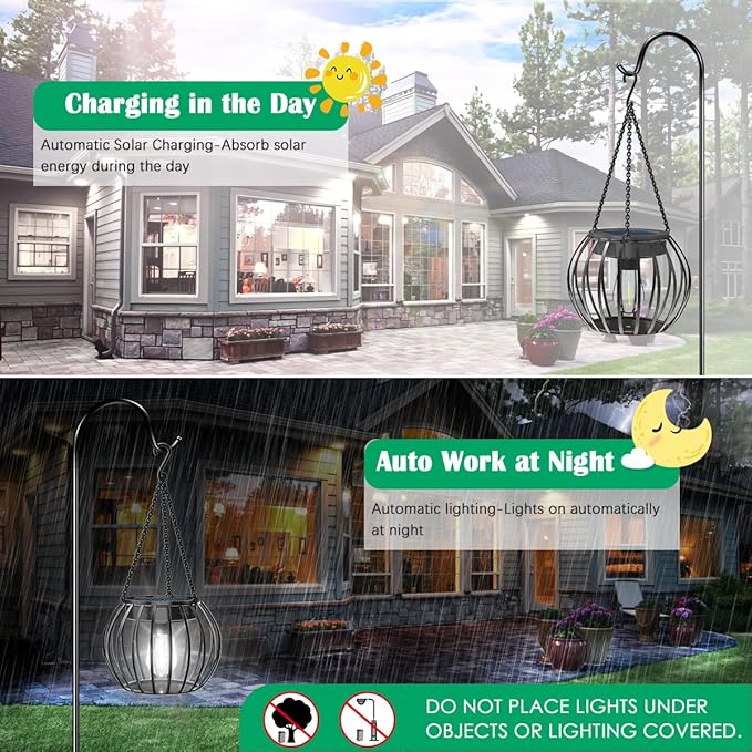 UBright Solar Powered Lights Outdoor Waterproof Hanging Lights for Outside 15" Metal Solar Lanterns Decorative Outdoor Garden Yard Patio Pathway Decor 2 Pack,Cool White