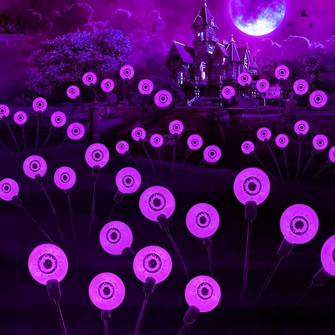 2 Packs 12 LED Scary Eyeball Lights - Purple, Swaying Firefly Lights - Waterproof Solar Halloween Decor for Outdoor/Yard/Garden/Lawn/Party