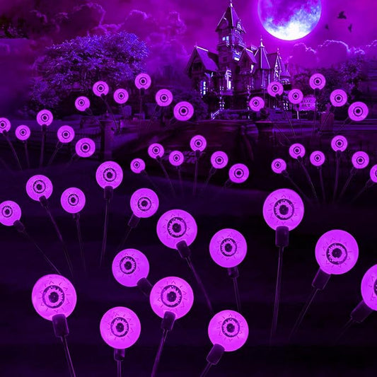 2 Packs 12 LED Scary Eyeball Lights - Purple, Swaying Firefly Lights - Waterproof Solar Halloween Decor for Outdoor/Yard/Garden/Lawn/Party