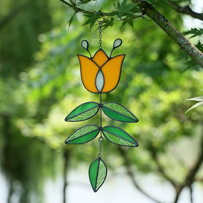 Tulip Stained Glass Suncatcher, Valentines Day Gifts, Folk Flower Stained Glass Window Hanging Sun Catcher, Retro Home Decor, Window Decorations for Plant Lovers, 9.4" x 4.7"