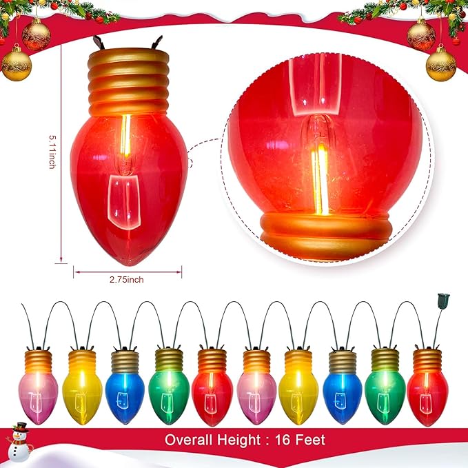 Jumbo Outdoor Christmas Lights,16FT C9 Jumbo Xmas String Lights Decorations Waterproof Hanging Lights with 10 Large Clear Multicolor Bulb for Outdoor Porch Patio Eave Xmas Roof Decoration