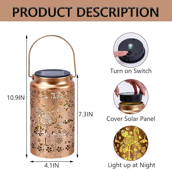 Flamingo Solar Lanterns Outdoor Waterproof, Metal Hanging Lights Decorations for Garden Yard Lawn Patio, Unique Flamingo Gifts for Women Mom Grandma Gardener for Mother'Day Christmas