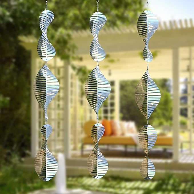 3 * 3 Stainless Steel Bird Scarer Discs Set, 3D Reflective Helix Wind Spinners Bird Reflector & Sparkly Metal Outdoor Garden Décor Sculpture Ornaments, Deterrent to Scare Pigeon Away Yard Patio Farm